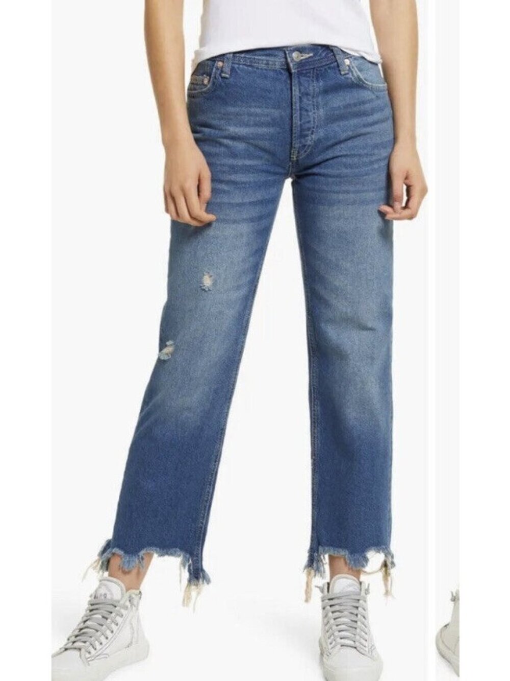 FREE PEOPLE we the free Jeans button fly 25 MID RISE STRAIGHT chewed hem crop